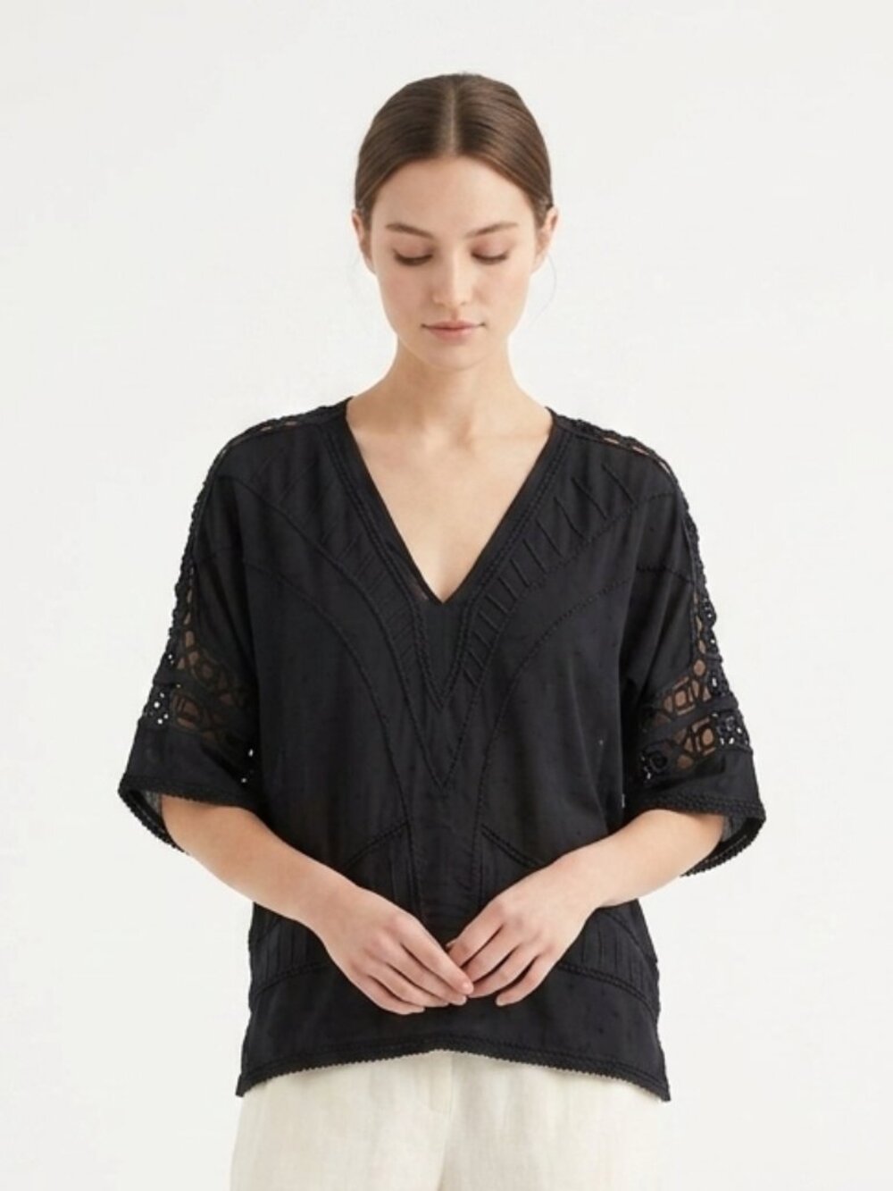 Iro Blouse Black Crochet French Swiss Dot Casual Whimsical 34 (6)